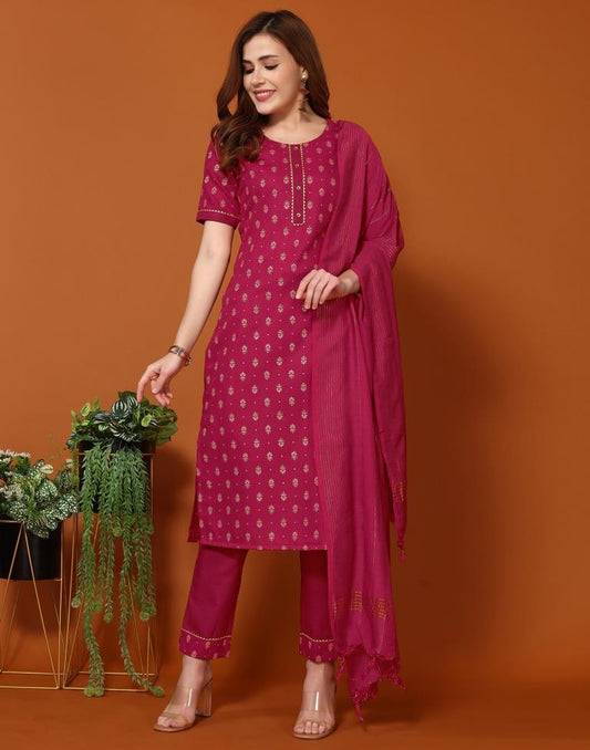 Cherry Pink Cotton Printed Straight Kurta With Pant And Dupatta