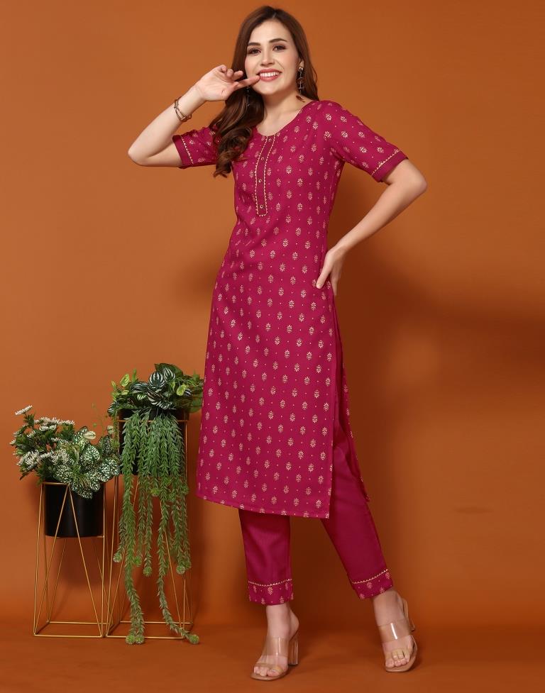 Cherry Pink Cotton Printed Straight Kurta With Pant And Dupatta