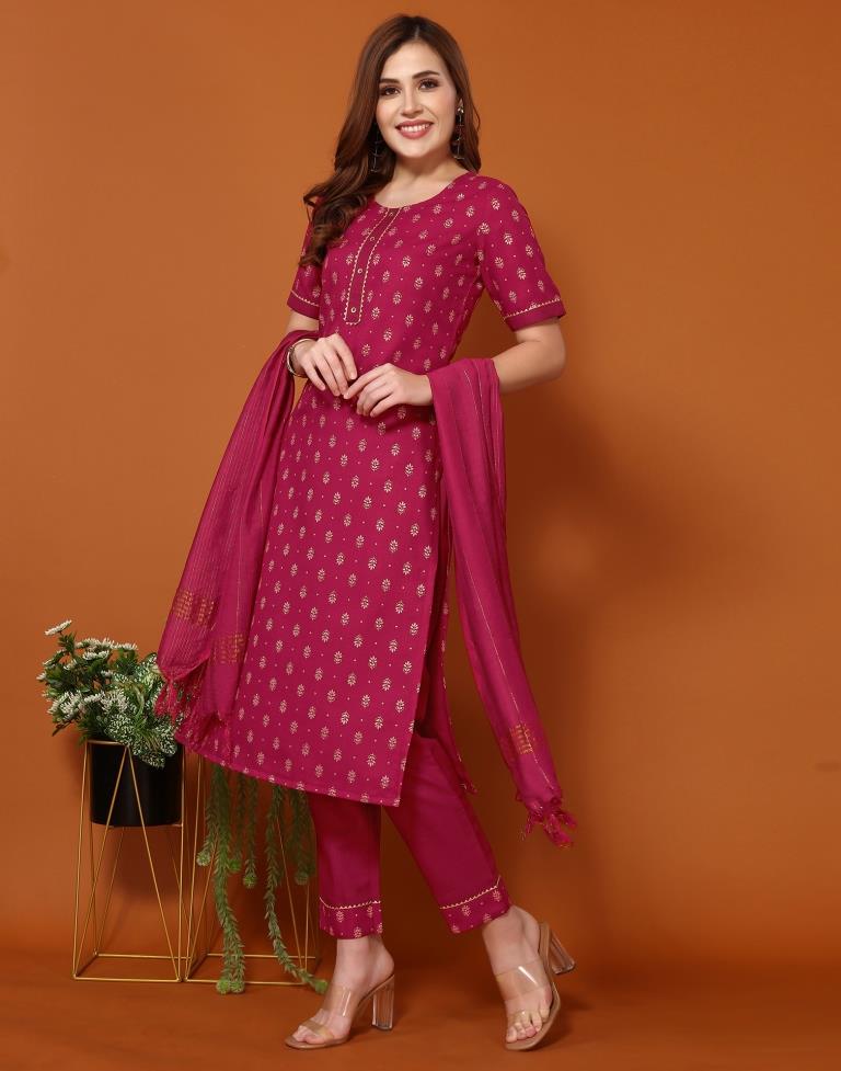 Cherry Pink Cotton Printed Straight Kurta With Pant And Dupatta