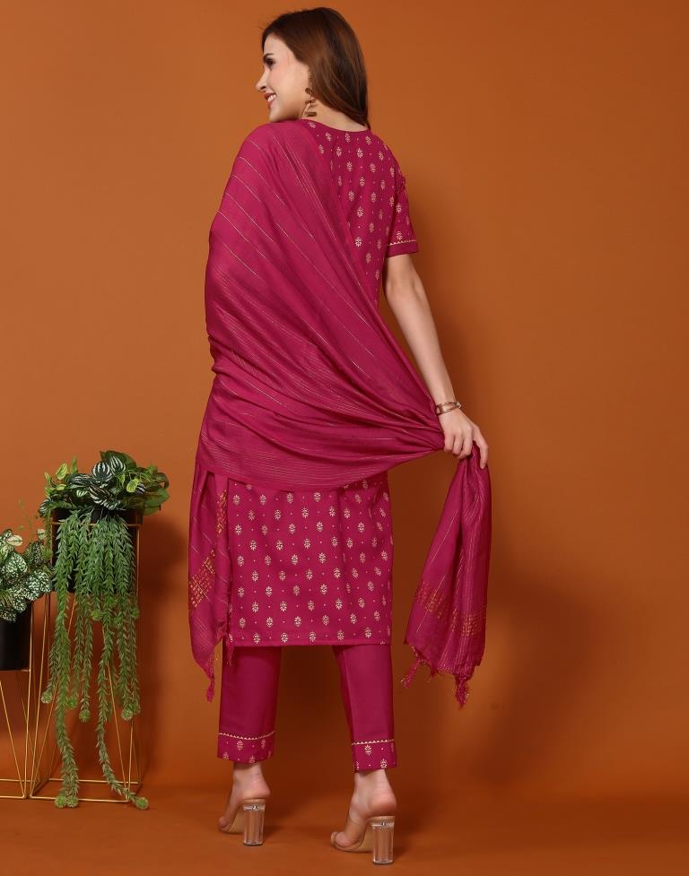 Cherry Pink Cotton Printed Straight Kurta With Pant And Dupatta