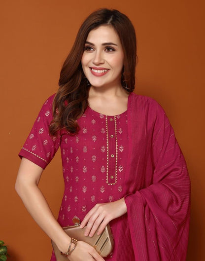 Cherry Pink Cotton Printed Straight Kurta With Pant And Dupatta