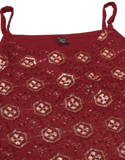 Maroon Chinnon Embroidery Straight Kurta With Pant And Dupatta