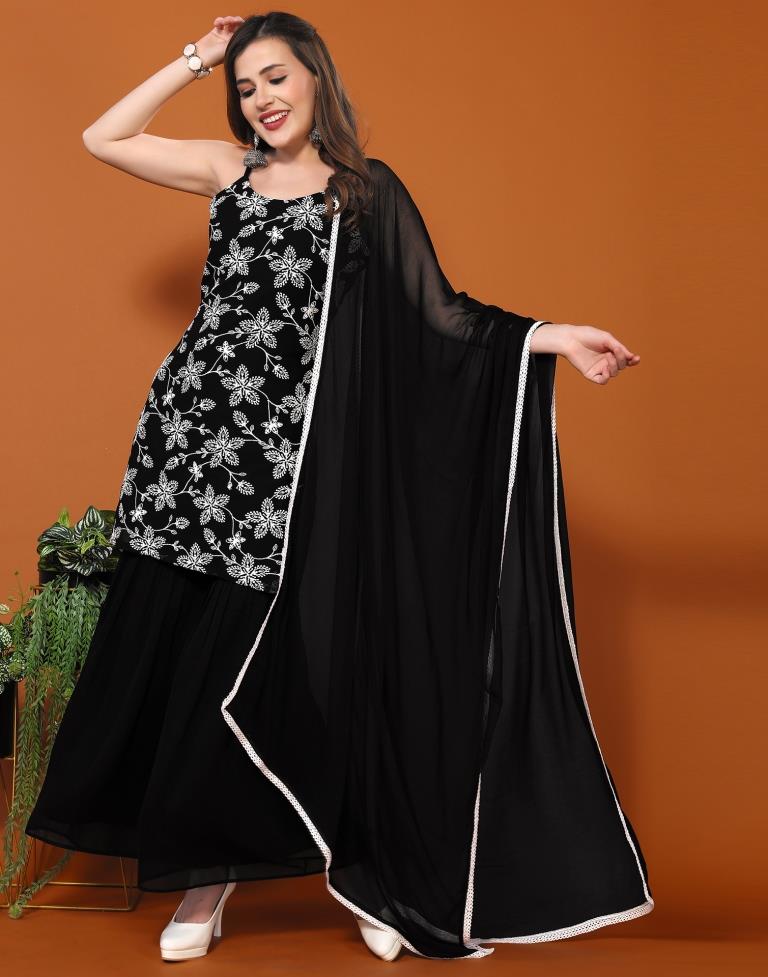 Black Plain Georgette Straight Kurta Set With Dupatta