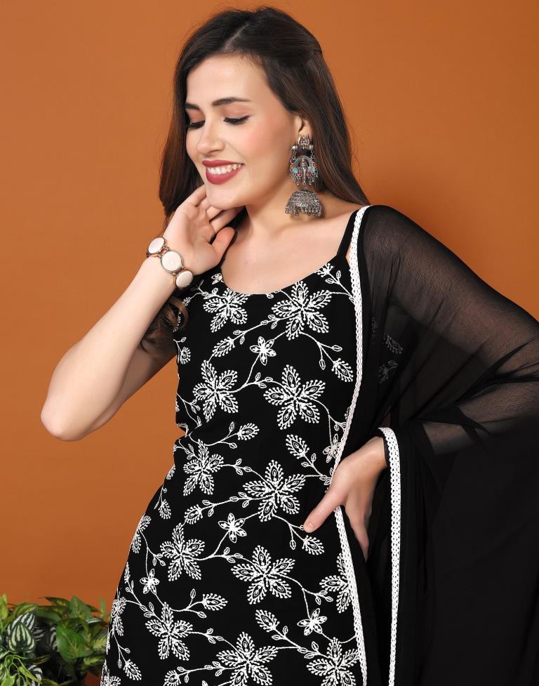 Black Plain Georgette Straight Kurta Set With Dupatta