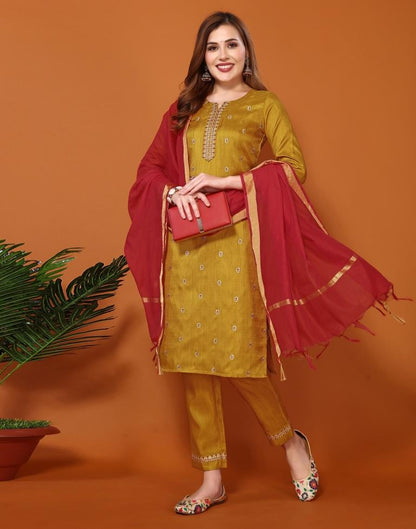 Red Silk Embroidery Straight Kurta Set