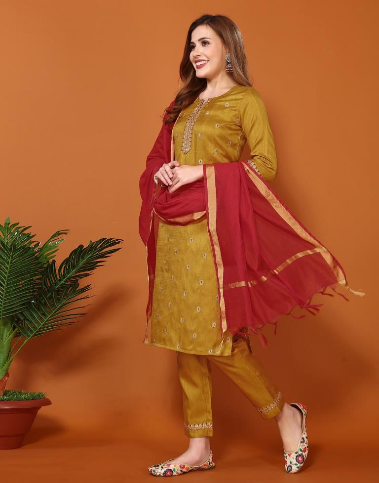 Red Silk Embroidery Straight Kurta Set