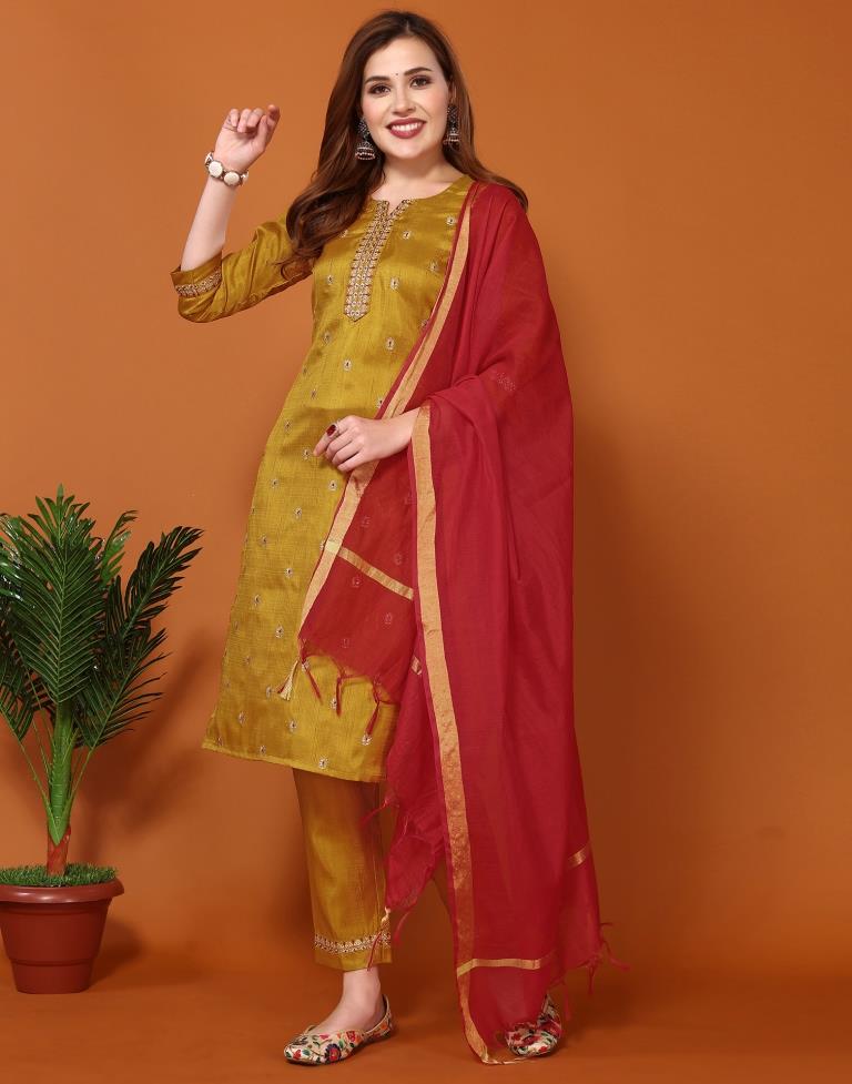 Red Silk Embroidery Straight Kurta Set