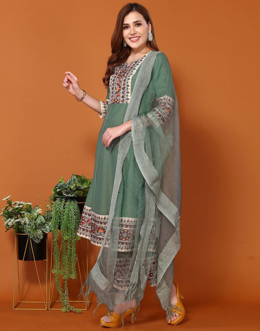 Green Printed A-Line Kurti With Pant And Dupatta | Leemboodi