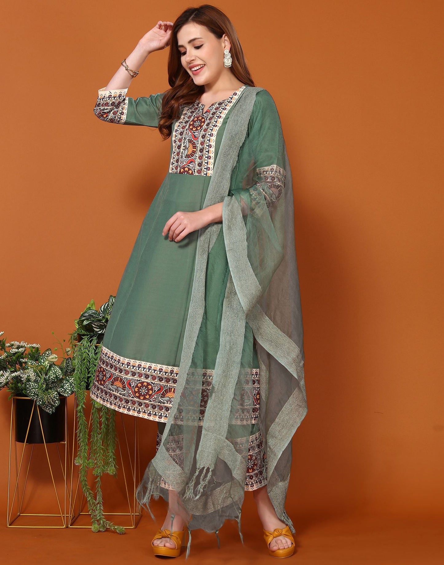 Green Printed A-Line Kurti With Pant And Dupatta | Leemboodi