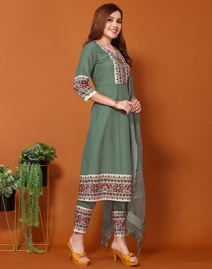 Green Printed A-Line Kurti With Pant And Dupatta | Leemboodi