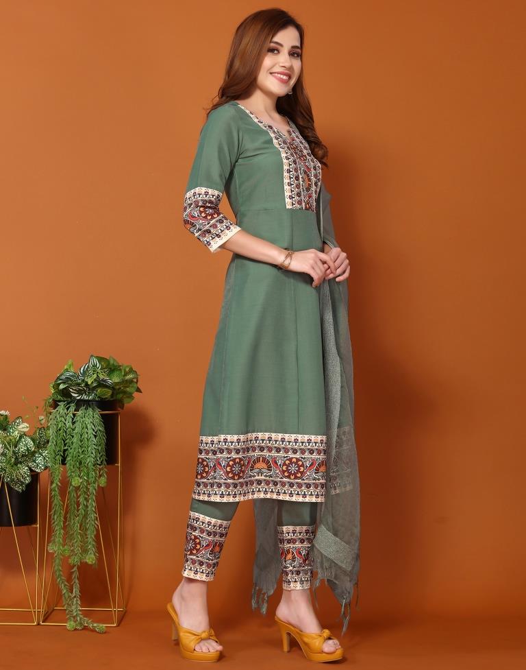 Hazel Green Chinnon Embroidery Straight Kurta With Pant And Dupatta