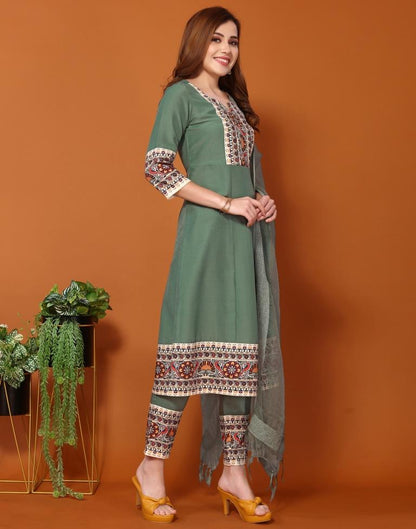 Hazel Green Chinnon Embroidery Straight Kurta With Pant And Dupatta