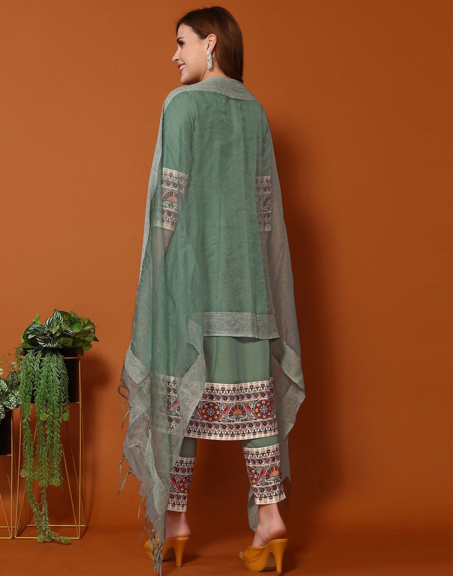 Green Printed A-Line Kurti With Pant And Dupatta | Leemboodi