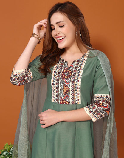 Green Printed A-Line Kurti With Pant And Dupatta | Leemboodi