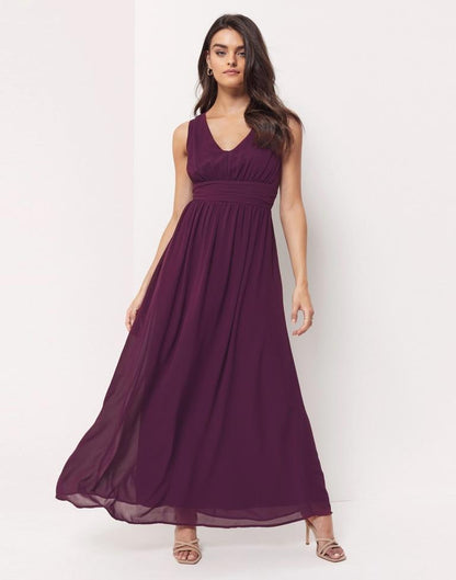 Wine Plain Georgette Flared Dress