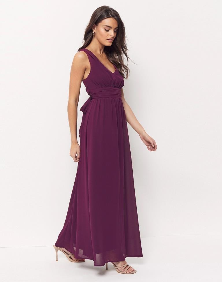 Wine Plain Georgette Flared Dress