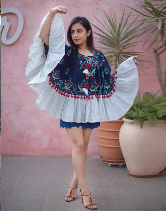 Navy Blue Embroidery Cotton Top