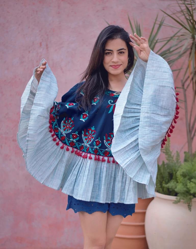 Navy Blue Embroidery Cotton Top