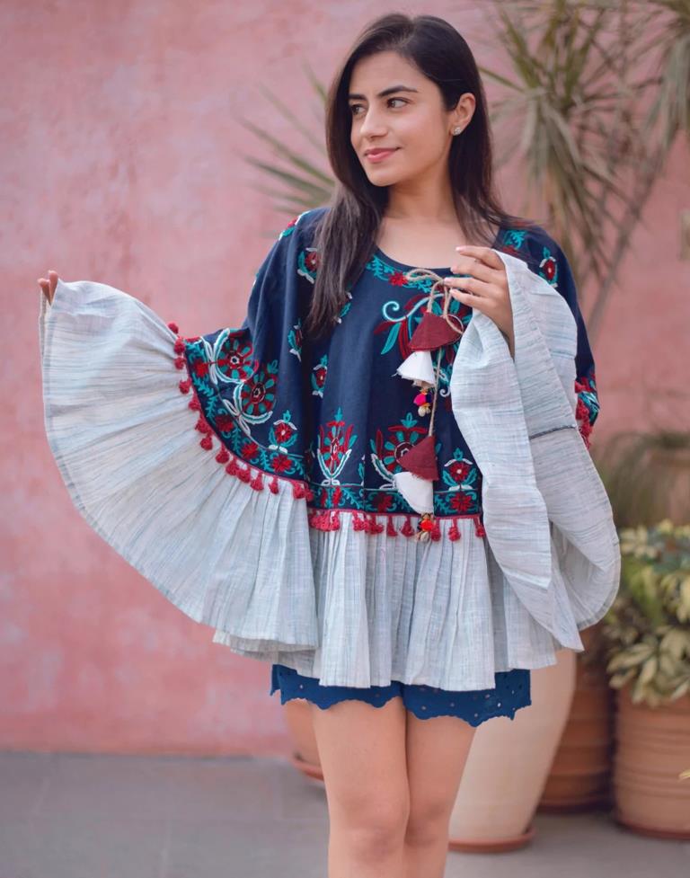 Navy Blue Embroidery Cotton Top