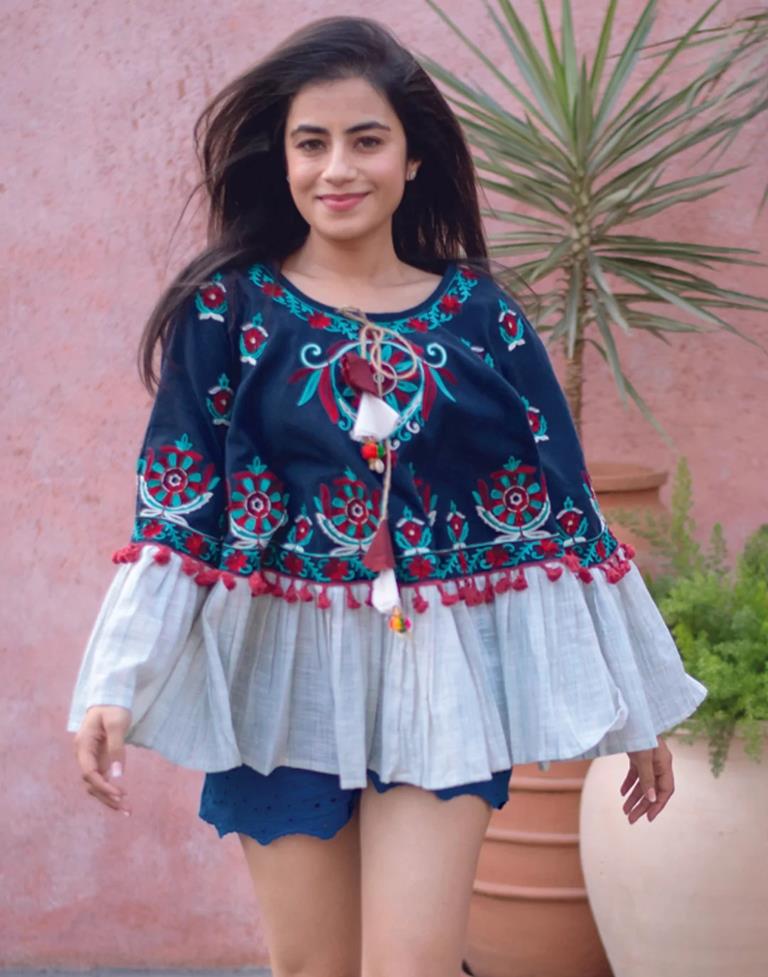 Navy Blue Embroidery Cotton Top