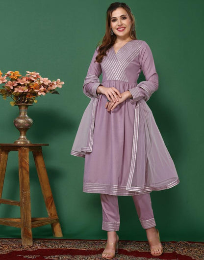 Levander Chinnon Gota Lace Flared Kurta Kurti With Pant And Dupatta | Leemboodi