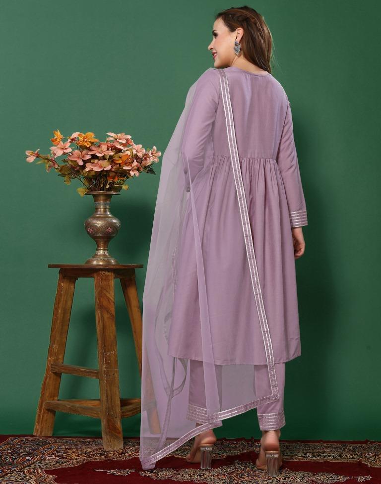 Levander Chinnon Gota Lace Flared Kurta Kurti With Pant And Dupatta | Leemboodi