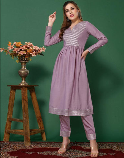 Levander Chinnon Gota Lace Flared Kurta Kurti With Pant And Dupatta | Leemboodi