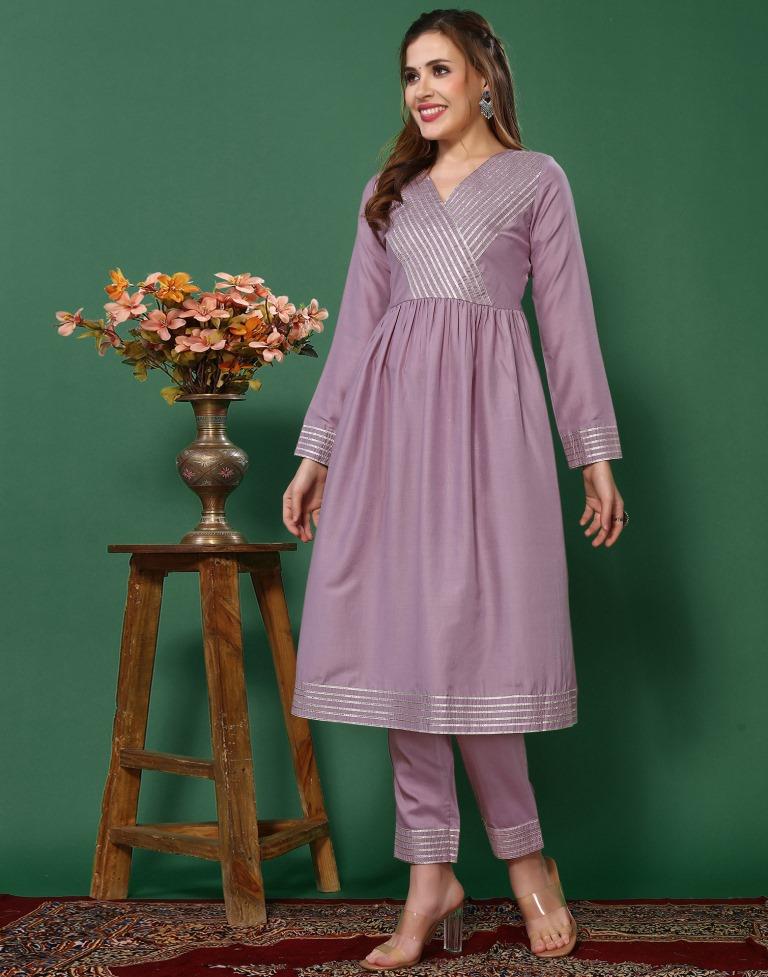 Levander Chinnon Gota Lace Flared Kurta Kurti With Pant And Dupatta | Leemboodi