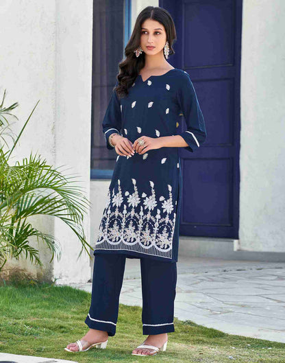 Navy Blue Embroidery Chinnon Straight kurta With Pant And Dupatta