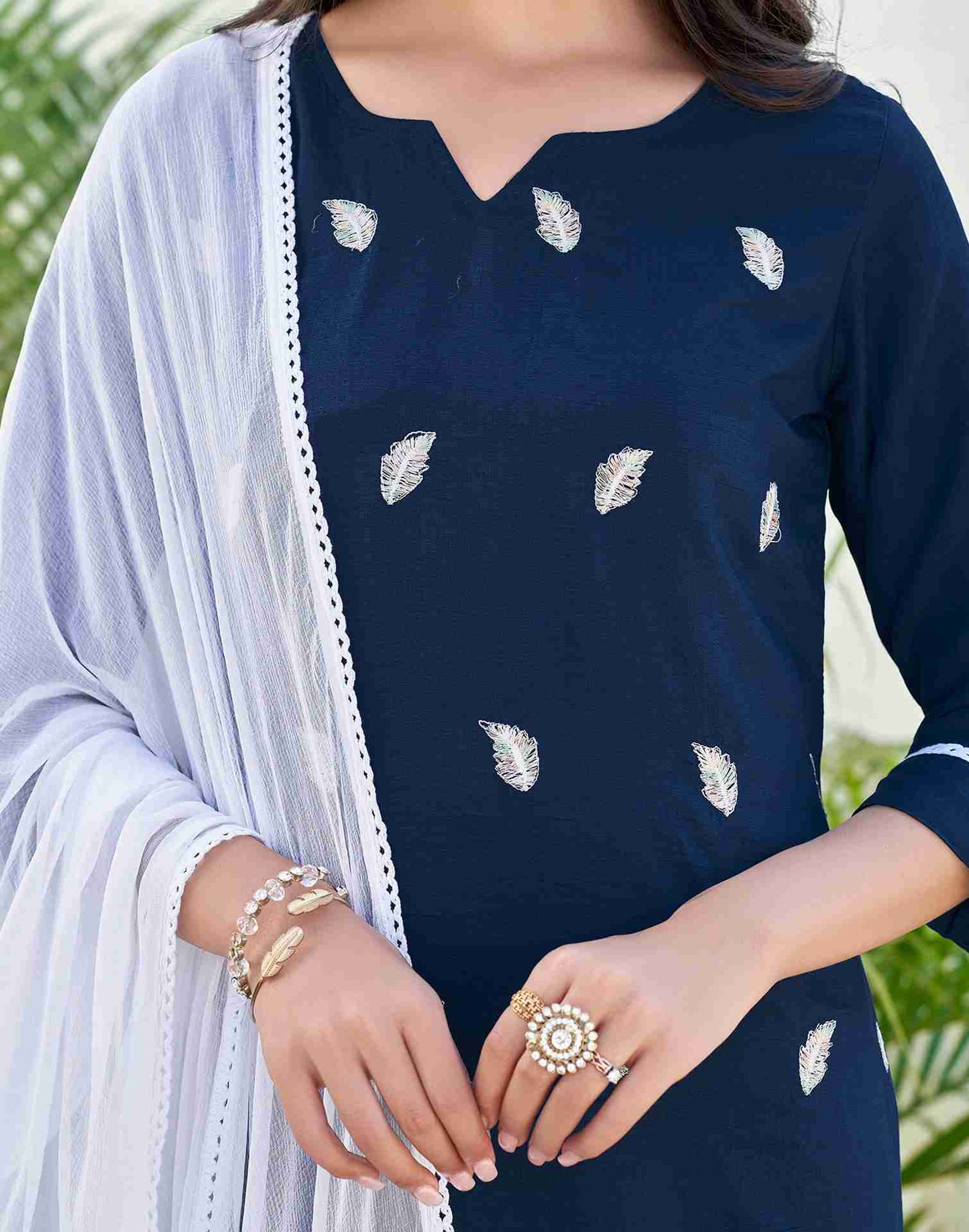 Navy Blue Embroidery Chinnon Straight kurta With Pant And Dupatta