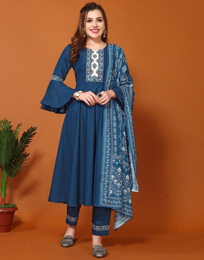 Teal Blue Digital Printed Kurta With Pant And Dupatta