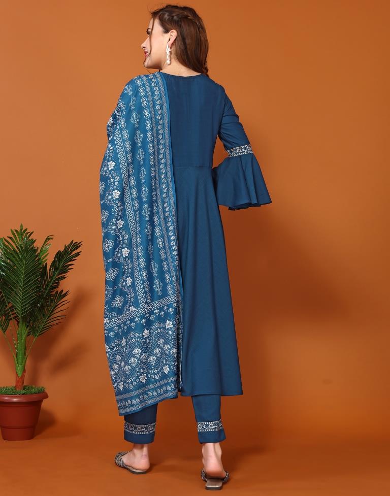 Teal Blue Digital Printed Kurta With Pant And Dupatta