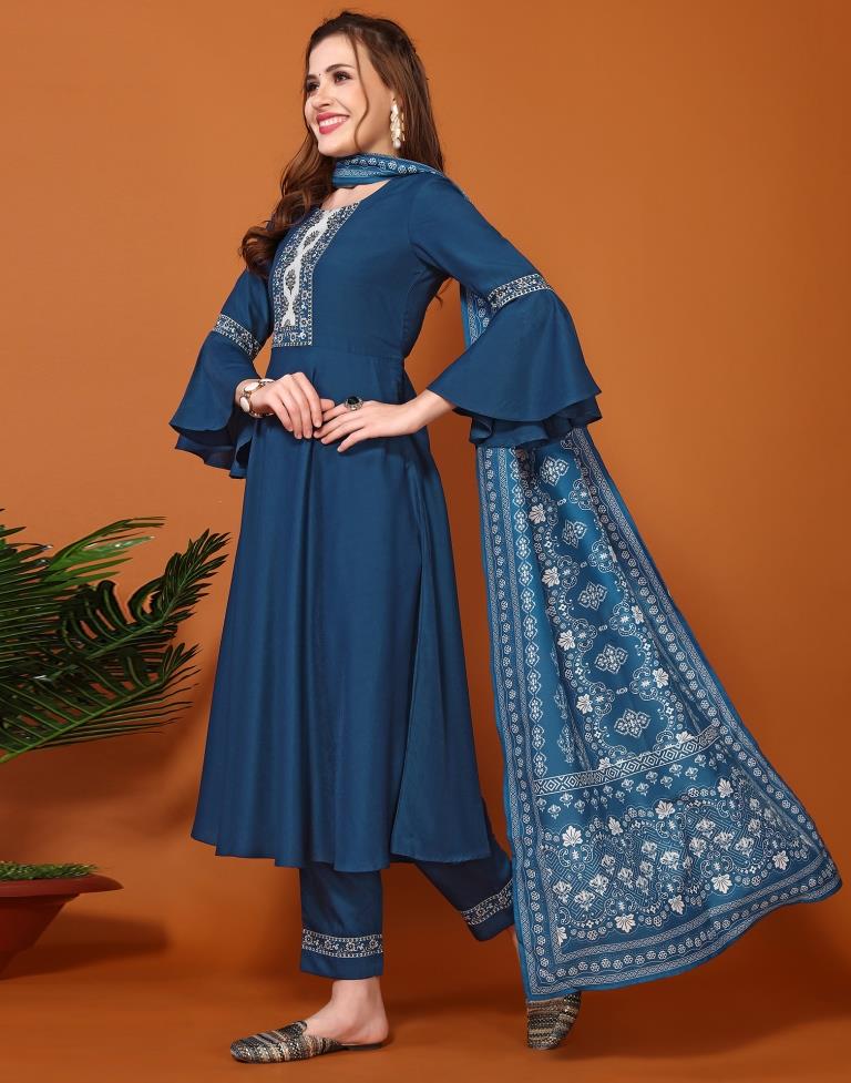 Teal Blue Digital Printed Kurta With Pant And Dupatta