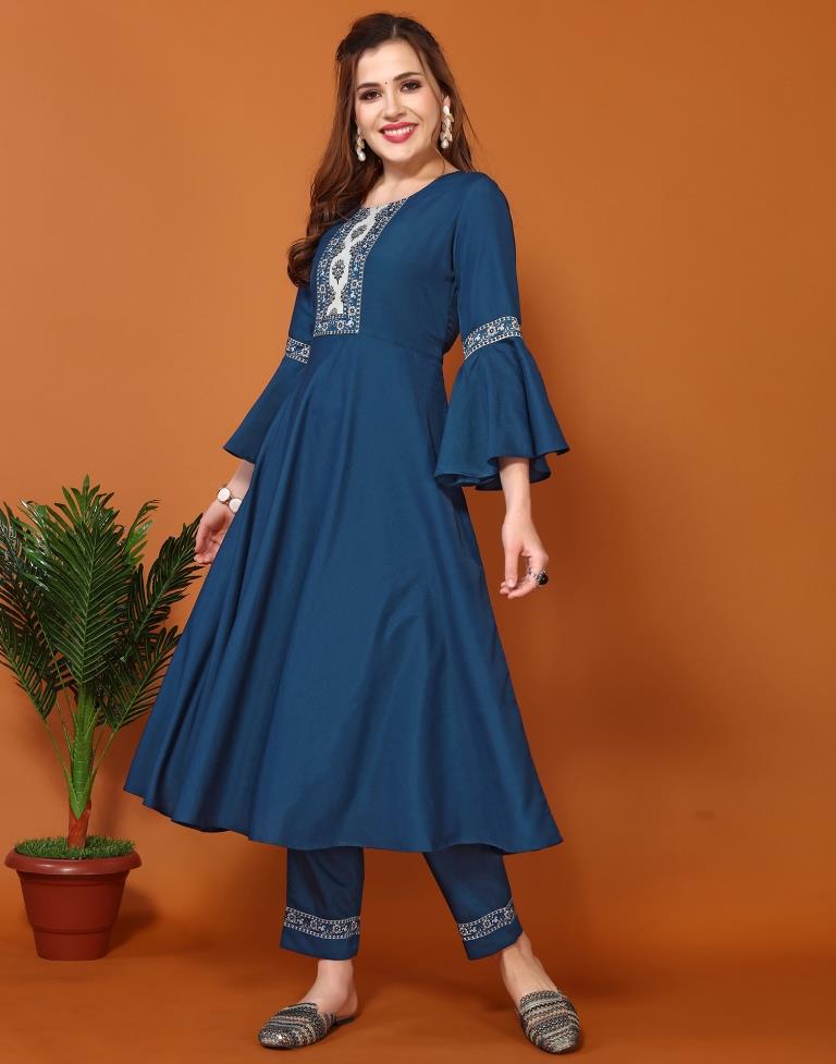 Teal Blue Digital Printed Kurta With Pant And Dupatta