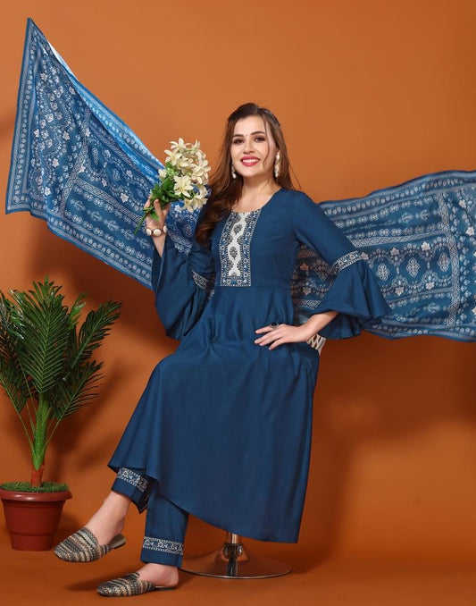 Teal Blue Digital Printed Kurta With Pant And Dupatta