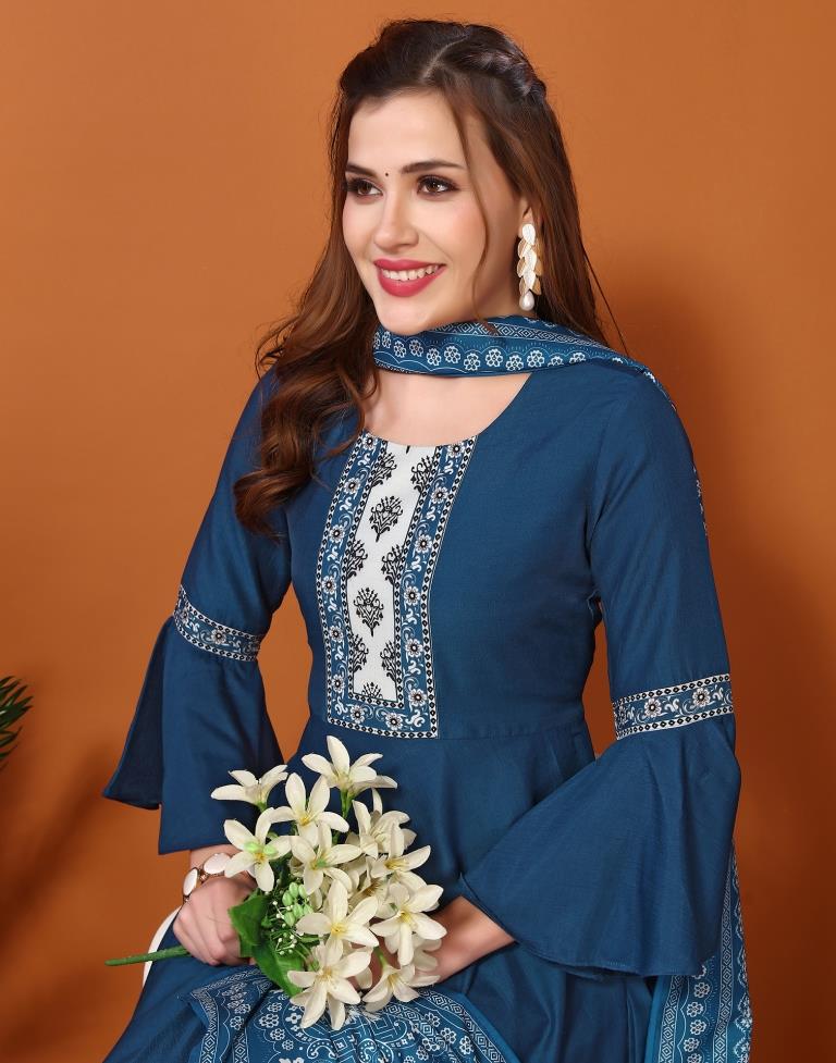 Teal Blue Digital Printed Kurta With Pant And Dupatta