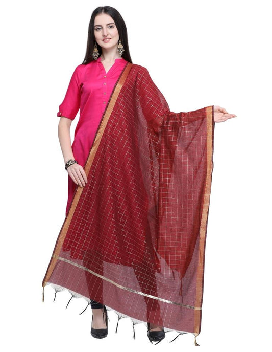 Modish Maroon Coloured Cotton Silk Zari Checks Dupatta | Sudathi