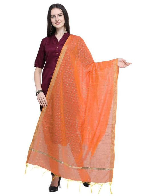 Royal Orange Coloured Cotton Silk Zari Checks Dupatta | Sudathi