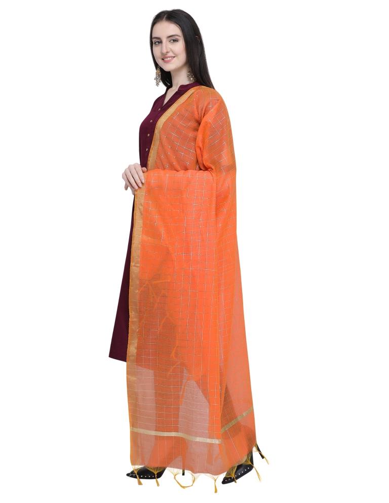 Royal Orange Coloured Cotton Silk Zari Checks Dupatta | Sudathi