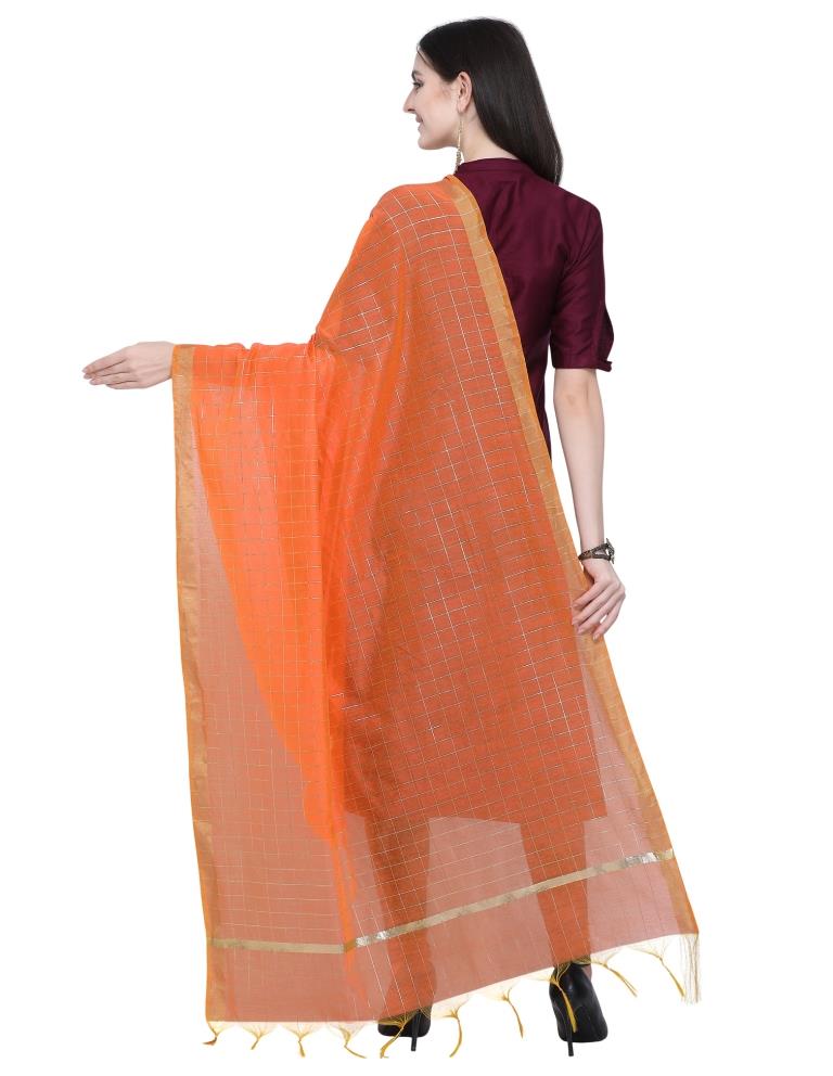 Royal Orange Coloured Cotton Silk Zari Checks Dupatta | Sudathi