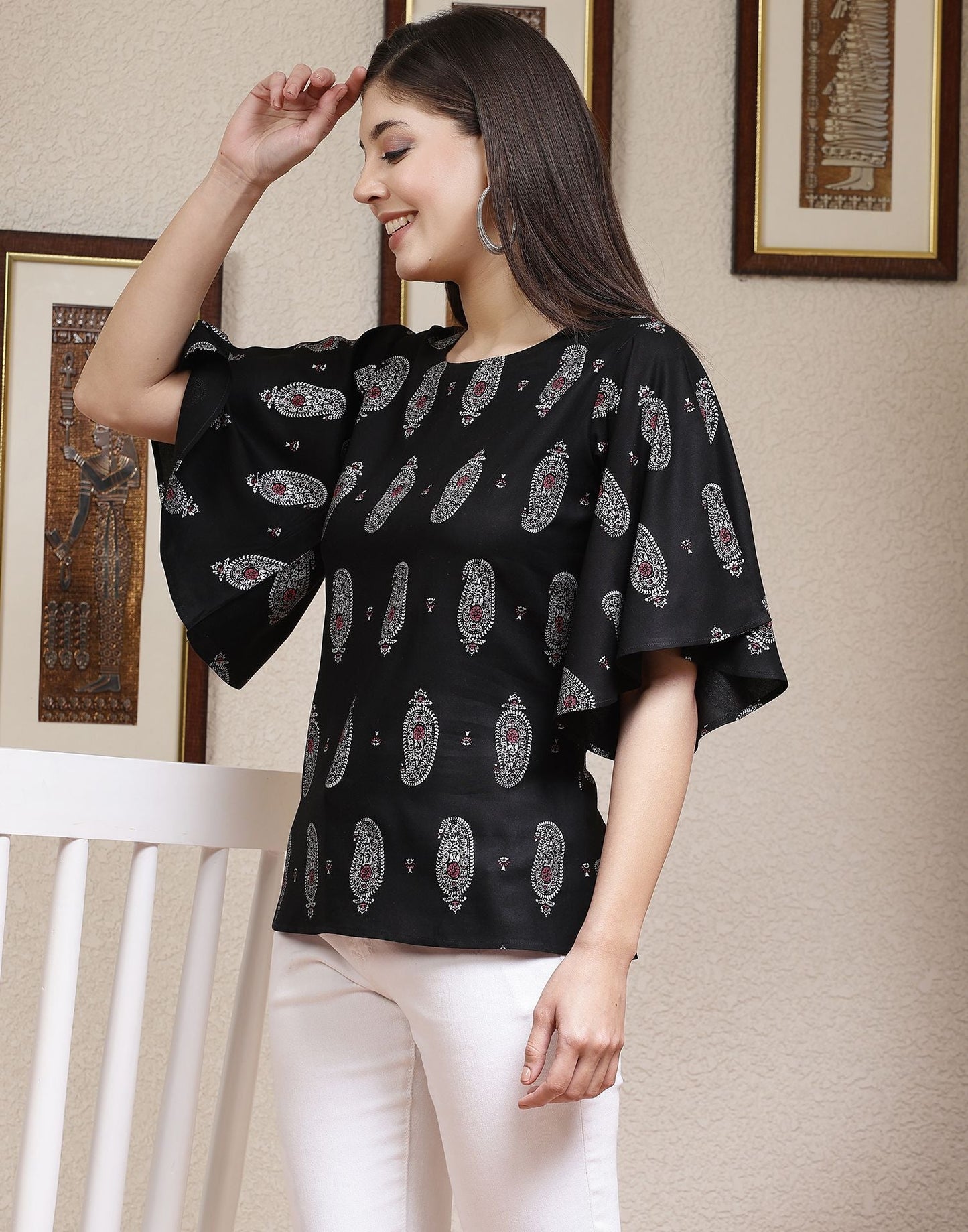 Black Printed Rayon Top