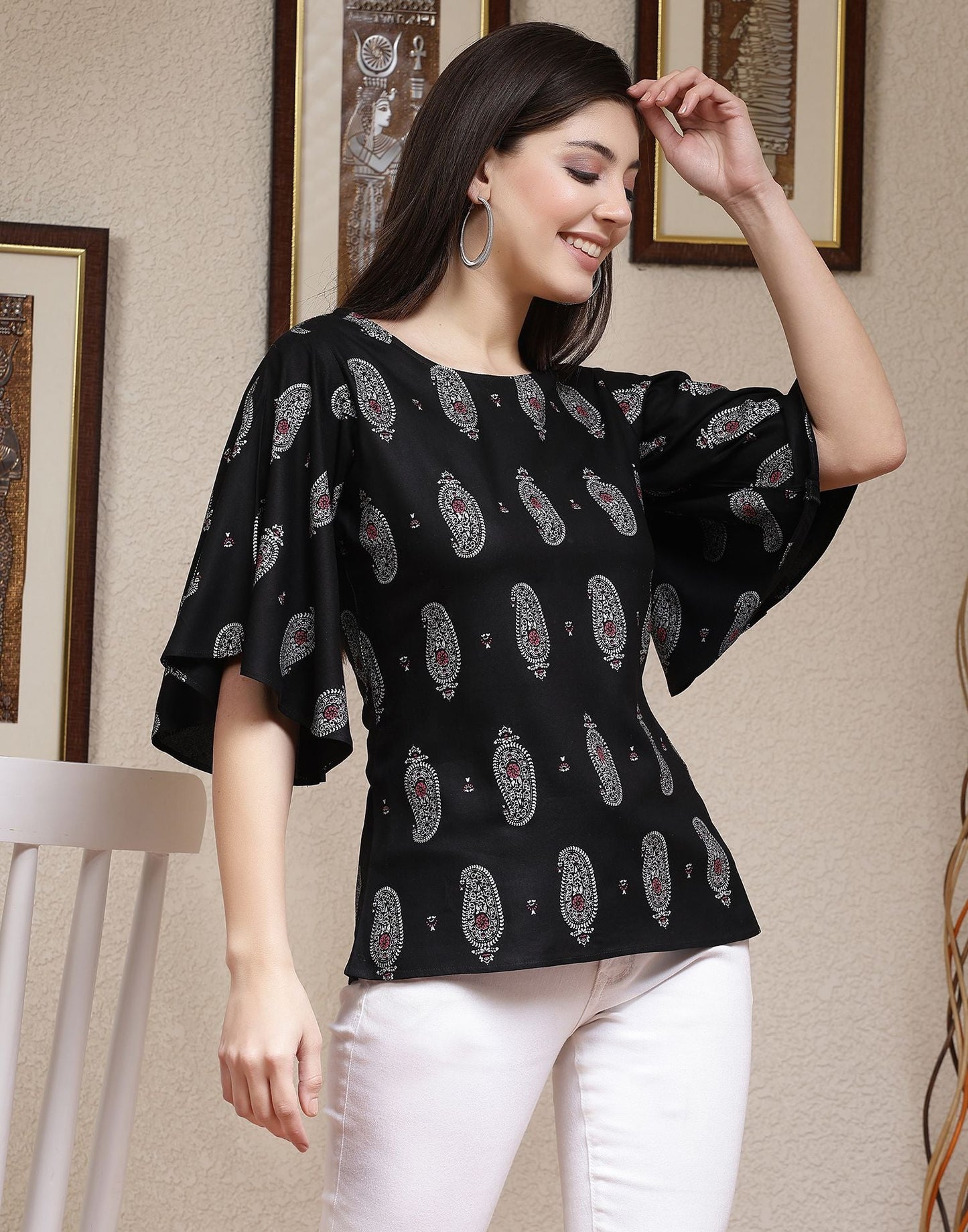 Black Printed Rayon Top