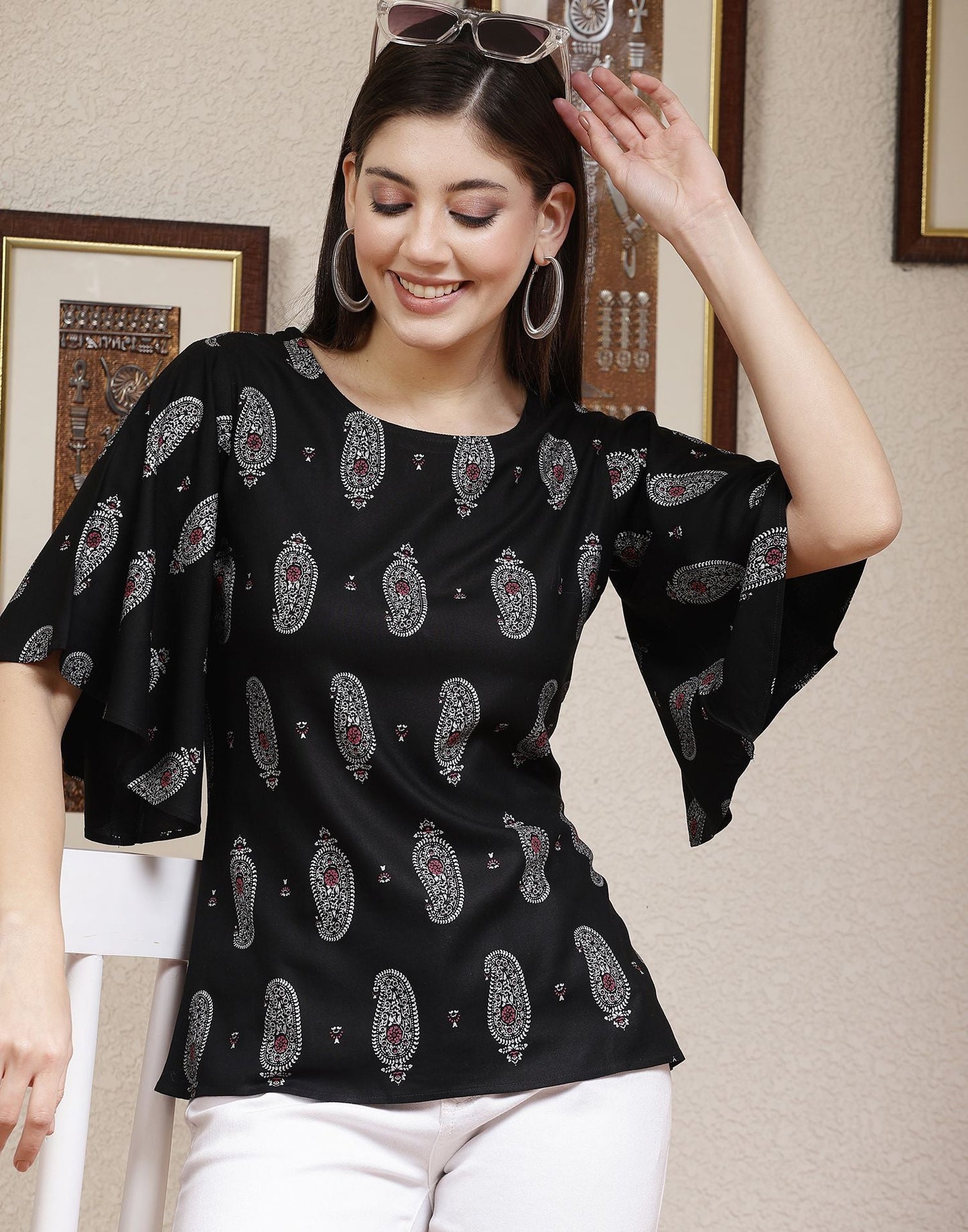 Black Printed Rayon Top