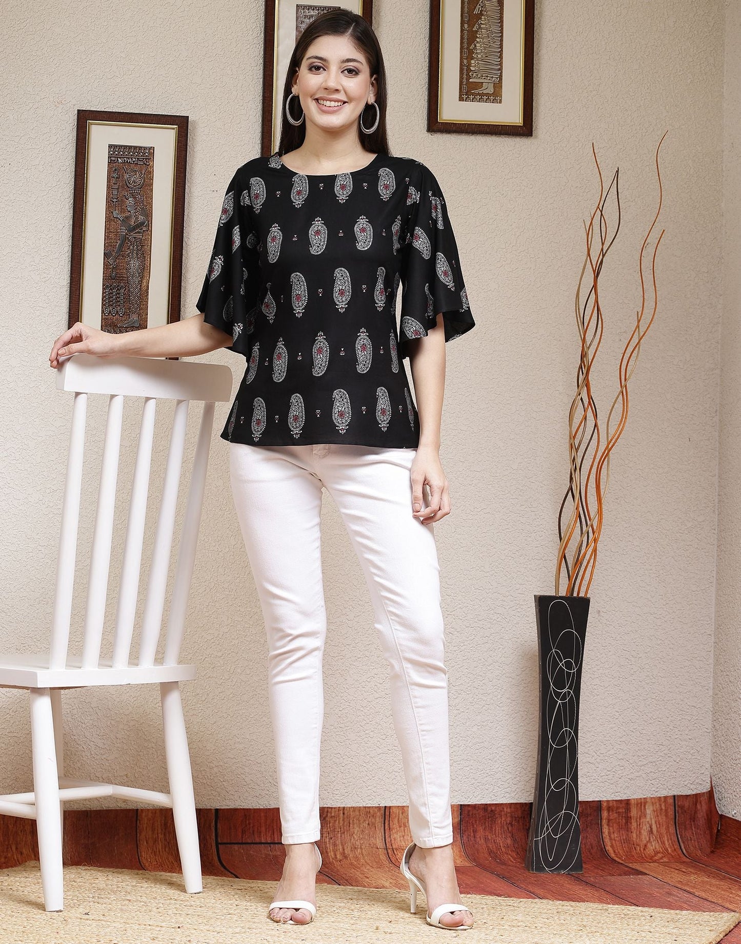 Black Printed Rayon Top