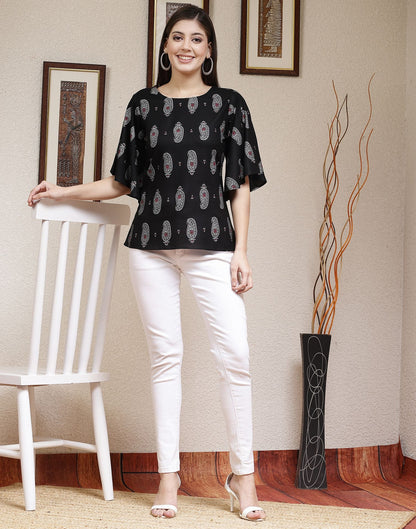 Black Printed Rayon Top