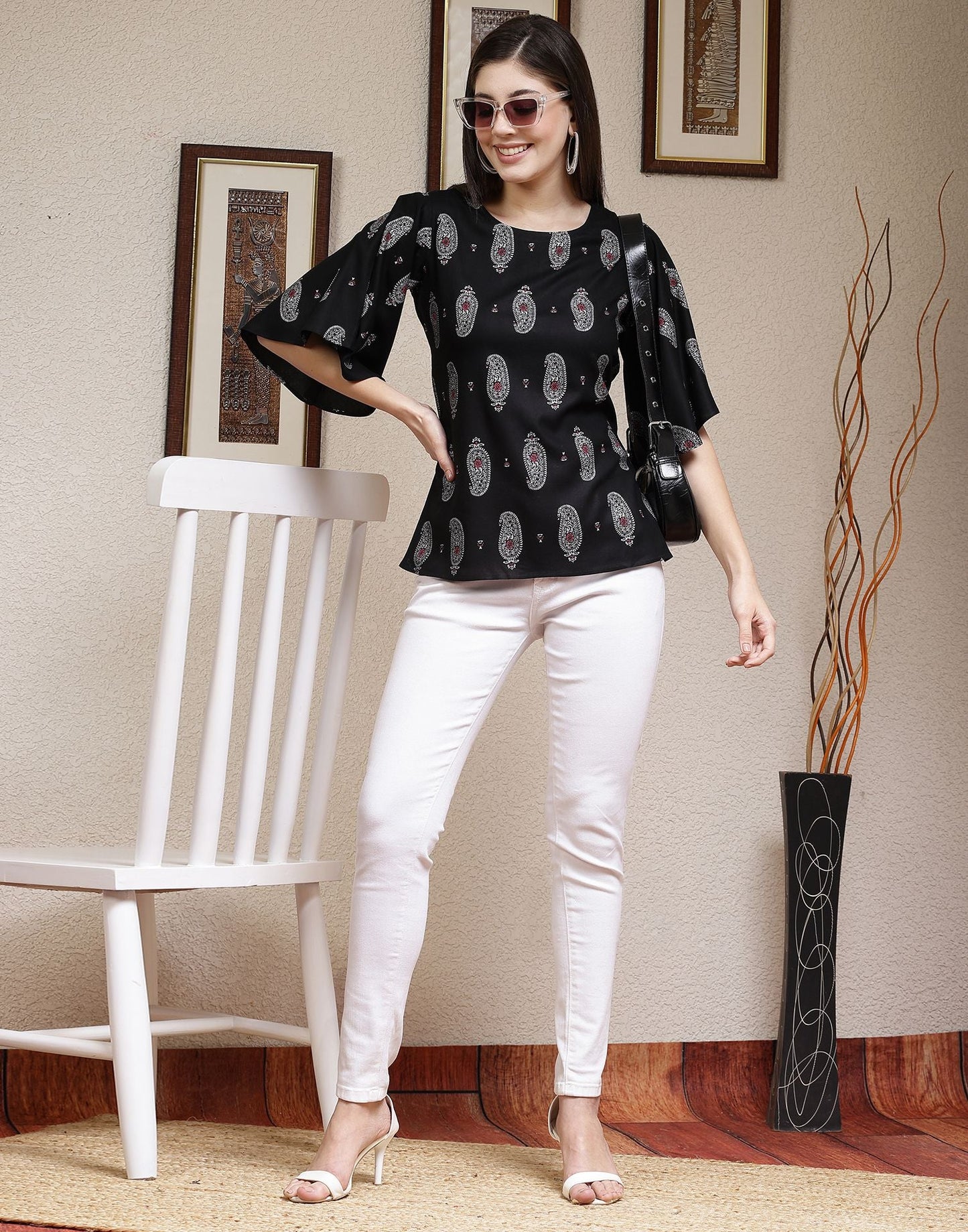 Black Printed Rayon Top