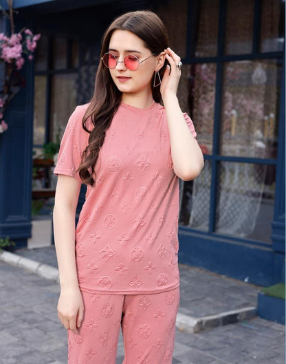 Peach Plain Lycra Co-ord Set
