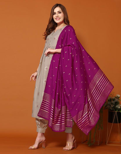 Light Khahi Plain Chinnon Flared Kurta Set With Dupatta