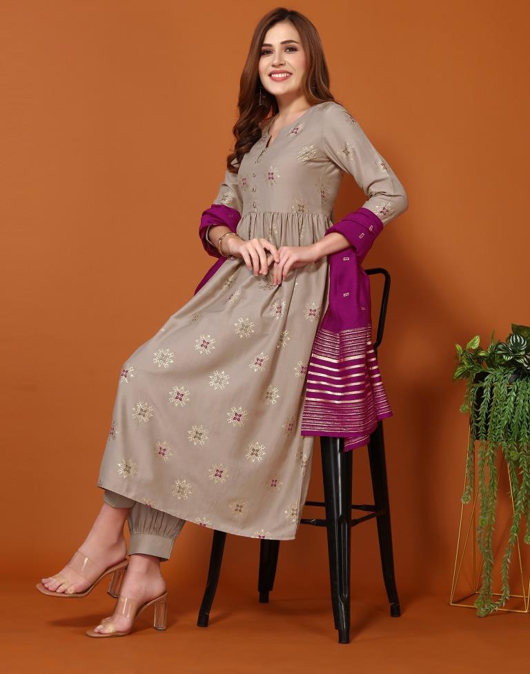 Light Khahi Plain Chinnon Flared Kurta Set With Dupatta