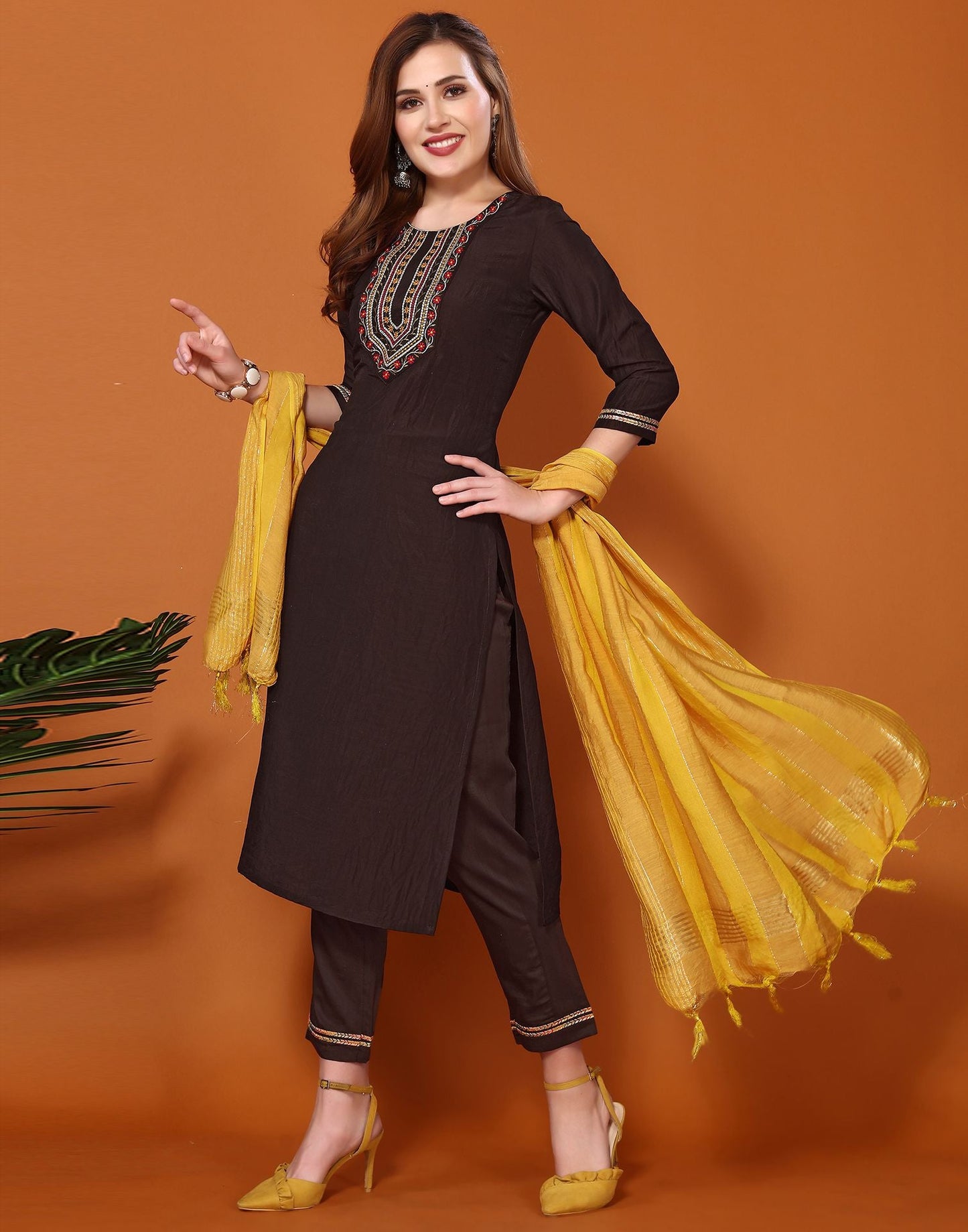 Brown Embroidery Chinnon Straight Kurta With Pant And Dupatta